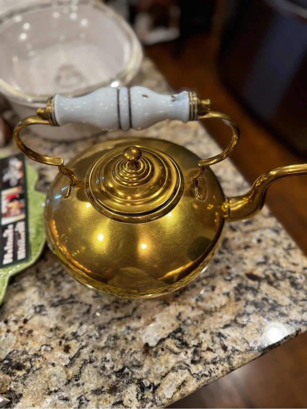 Brass Teapot with White Ceramic Handle - Elegant Kitchen Accent